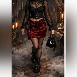 NWT Missguided Mini Tie Front Velvet Skirt deep Red Size US 6 Whimsy goth